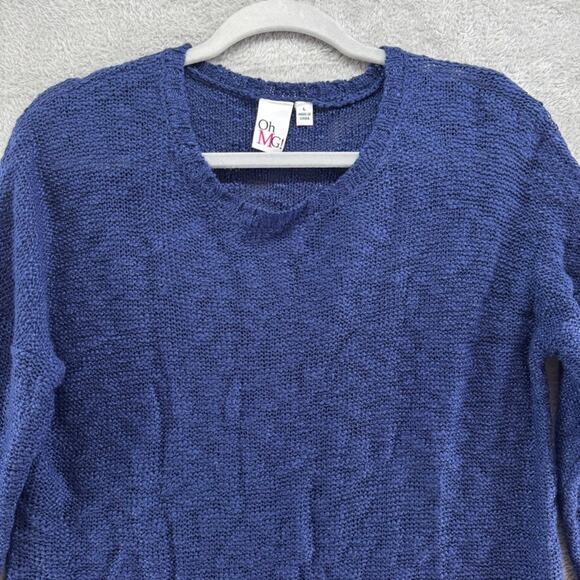 Oh MG Sweater L Blue Knit Crew Neck Pullover Long Sleeve Side Slit Beach - Picture 3 of 16